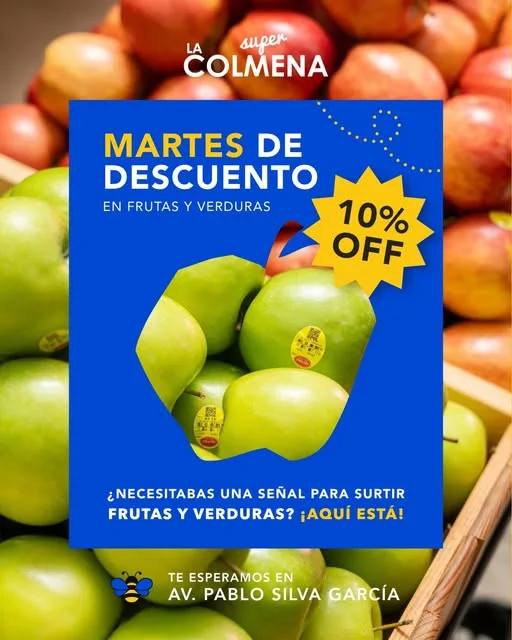 Promoción de martes de descuento en frutas y verduras en Súper La Colmena, Colima