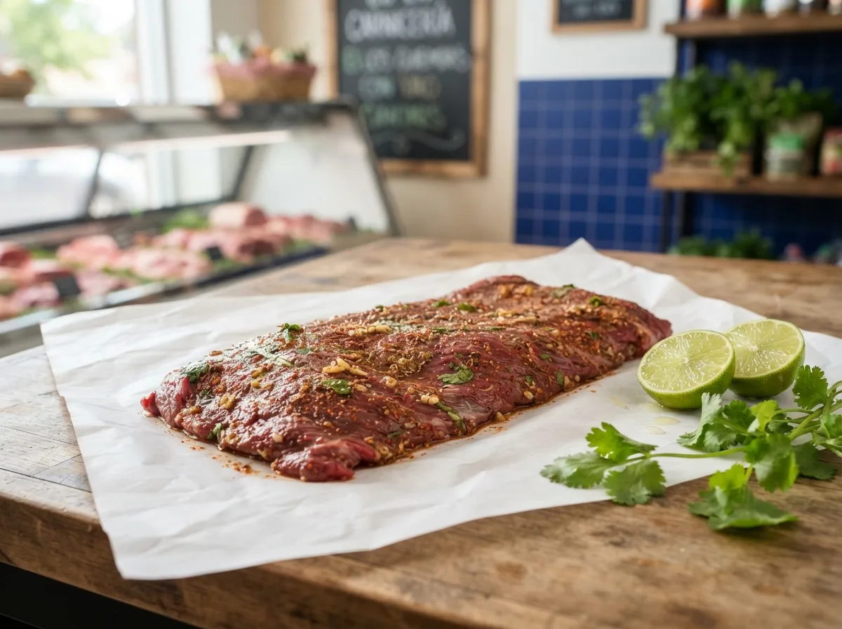 Arrachera marinada con especias y limón, lista para el asador, en La Colmena, Colima