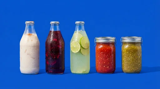 Aguas frescas de horchata, jamaica y limón junto a salsas de la casa en La Colmena, Colima
